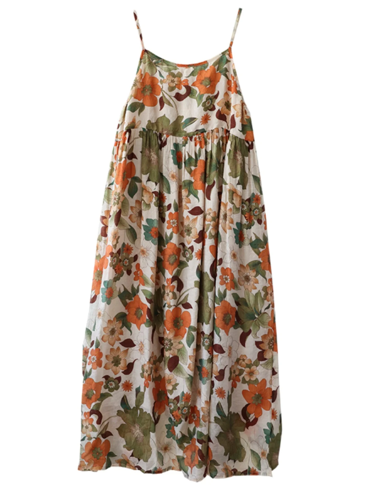 High-End Japanese Brand Women's Cotton Linen Floral Dr Loose Slimming Linen Strap Vest Long Dr Floral Print Commute Sle