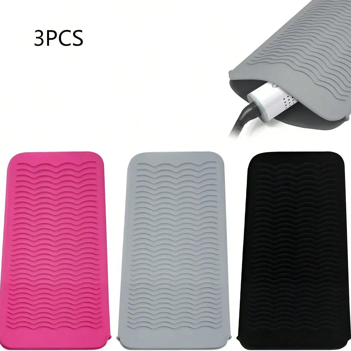 

Набор из 3 силиконовых термостойких ковриков-чехлов для выпрямителей, плойок, утюжков и других горячих инструментов для укладки волос (черный+серый+розовый)