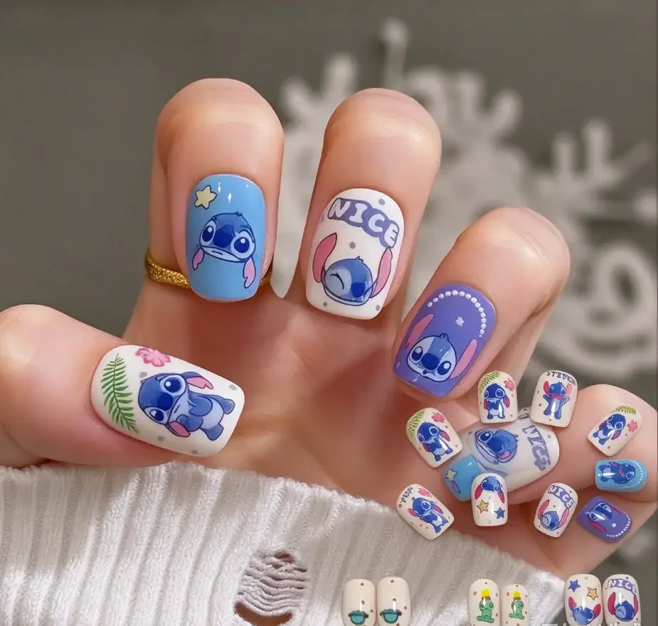 1 Box Disney Stitch Wearable Nails, Cartoon Short Fake Nails, Hand Drawn Finished Nail Stickers Detachable, Nail Stickers.