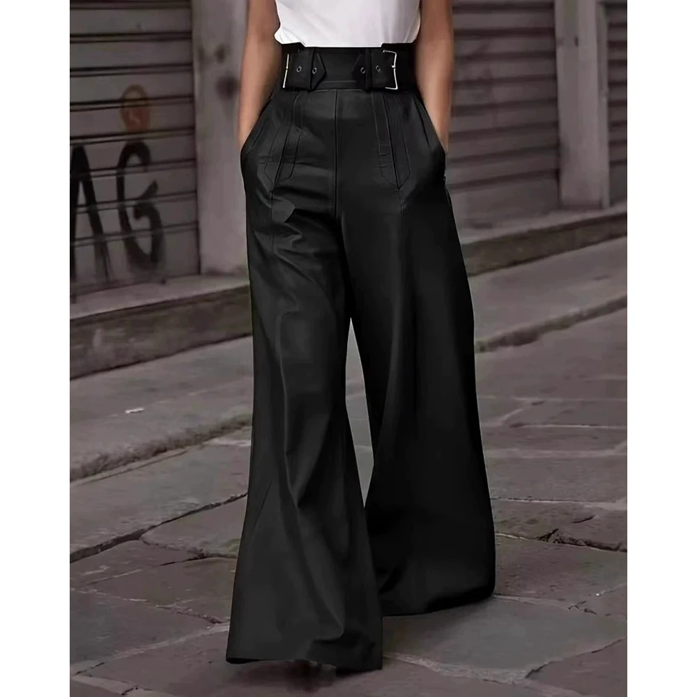 

Women's PU Leather High Waist Wide Leg Back Elastic Autumn Casual Front Adjustable Eyelet Strap Pants with Pockets Streetwear