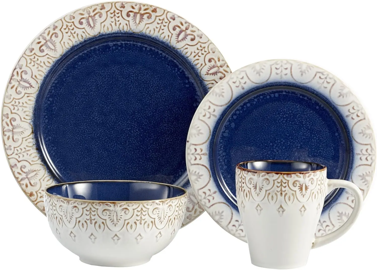 

Round Dinnerware Sets | Blue Kitchen Plates, Bowls, and Mugs | 16 Piece Stoneware Granada Collection | Dishwasher & Microwave Sa
