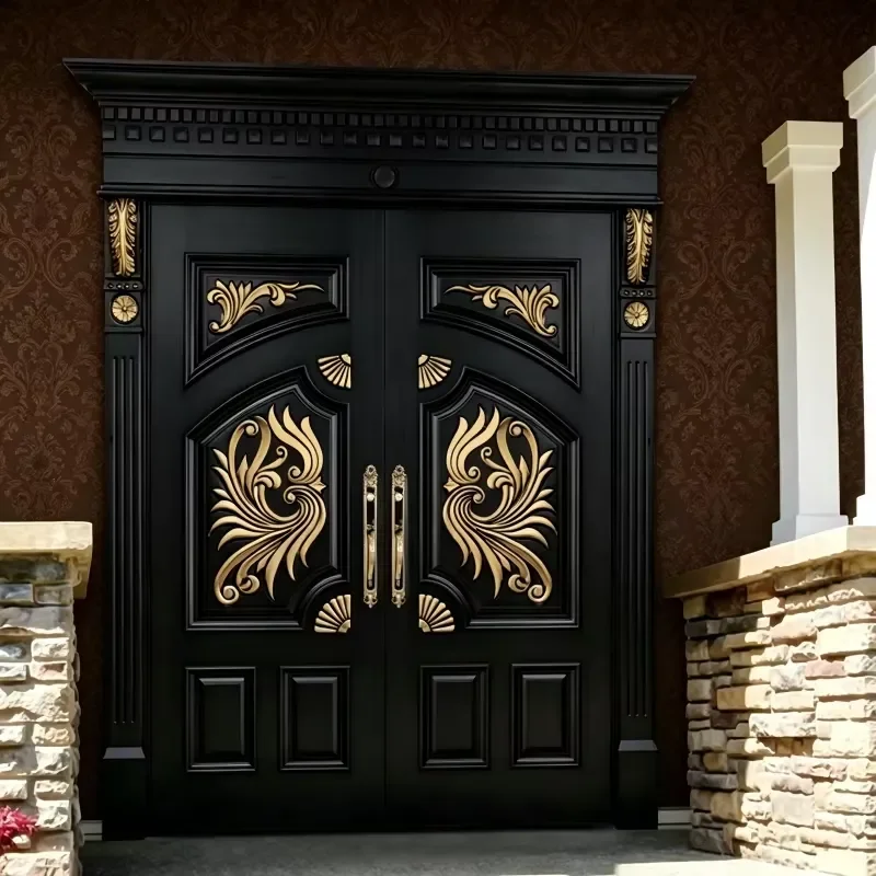 Customized Outdoor Front Entry Carving Oak Solid Wood Doors Exterior Main Entrance Double Carved Wooden Door Design