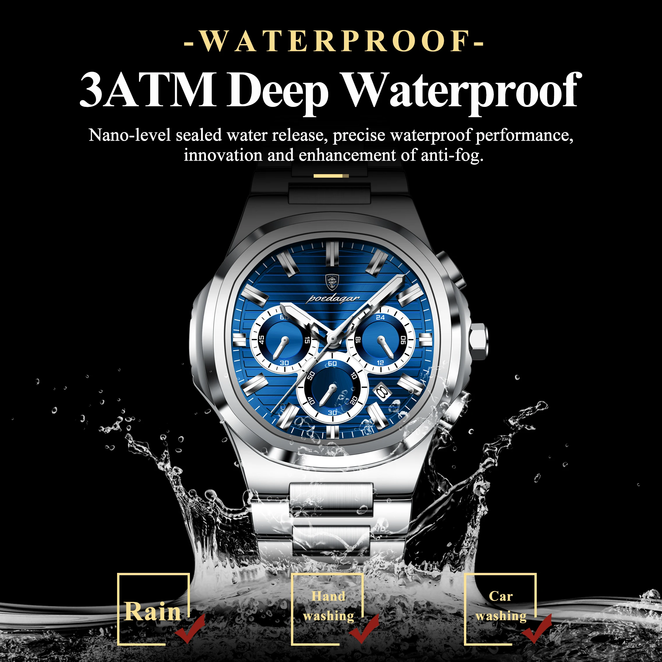 POEDAGAR Business Man Wristwatch Date Chronograph Waterproof Luminous Luxury Men Watch Stainless Steel Quartz Men's Watches Male 2