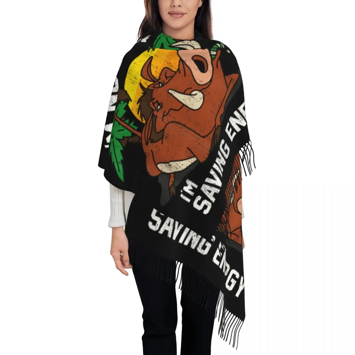 

Custom The Lion King Pumbaa Tassel Scarf Women Winter Fall Warm Shawls Wraps Ladies I'm Not Lazy I'm Saving Energy Scarves