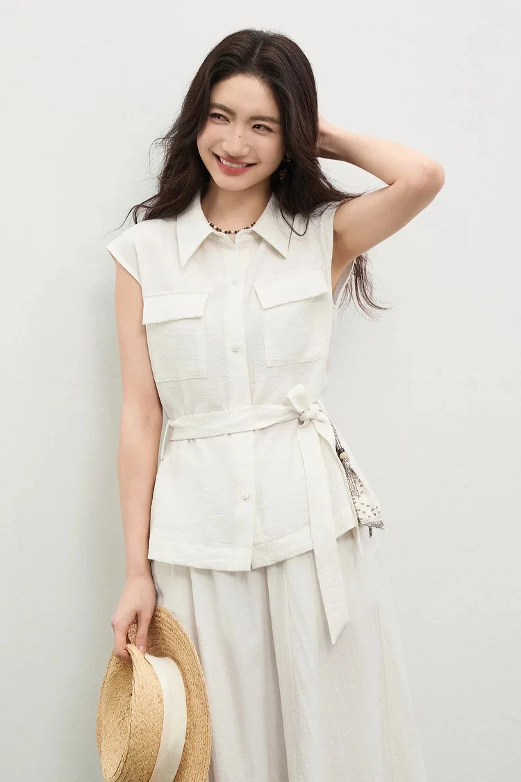 SENTUBILA Damen Büro-Bluse Ärmellos Modischer Reverskragen Bedruckter Schal Symmetrische Tasche Taillenbund Gerade Bluse 162CA5867 – Detail 14