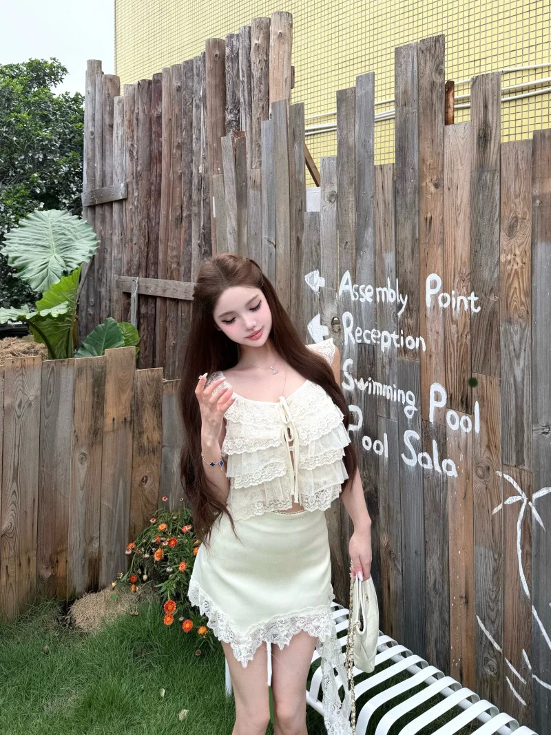 

Kumikumi Pure Desire Lace Embroidery Sleeveless Vest And Skirt Set Women's Summer Slimming Fashion Two-Piece Suit