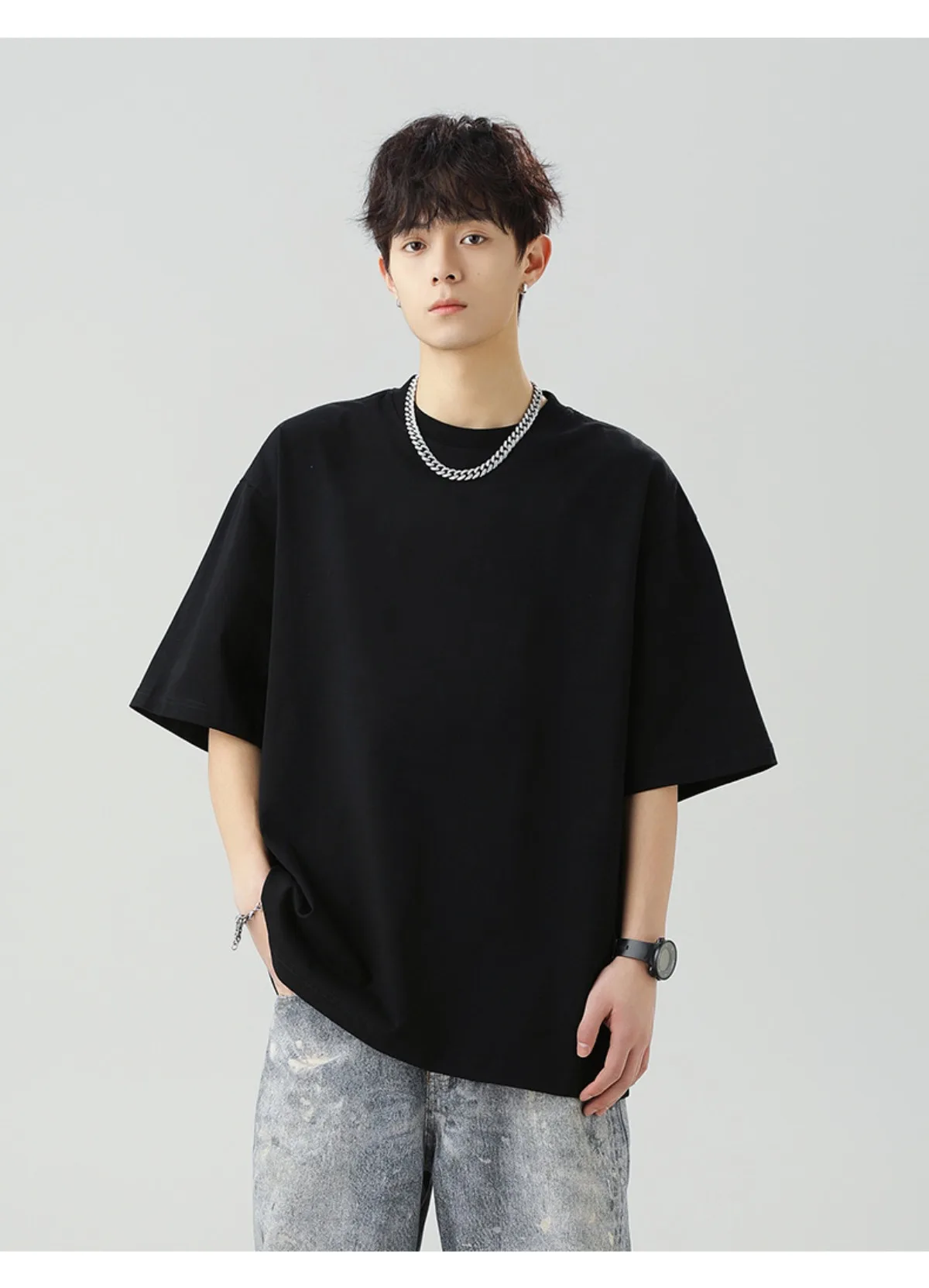 Heavy plus size Plain T-Shirt for Men Summer Qualtity Short Sleeve Tee Solid Color Trendy Casual Black Top hip-hop style
