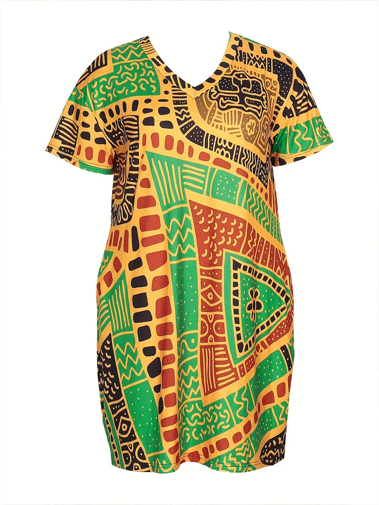 Plus Size African Printed V Neck Short Sleeve Casual Dress Oversized T Shirt Dresses Short Sleeve Best for Summer