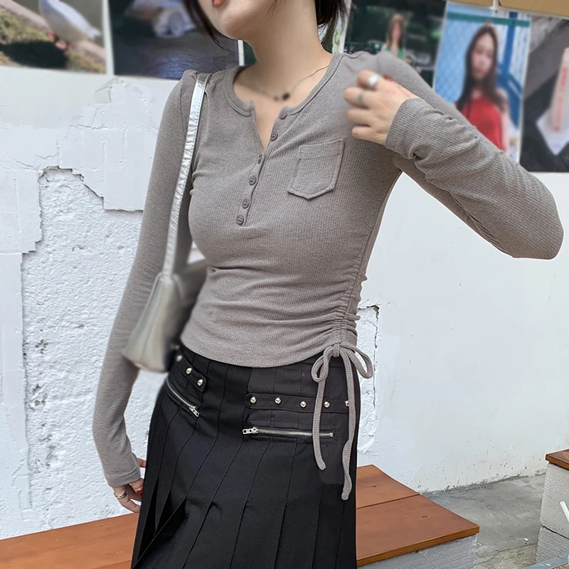 Women's Tops Open Collar Drawstring Design Short Style Pleated Long Sleeved Fashionable Comfortable Pockets Decor Bottoms Shirt