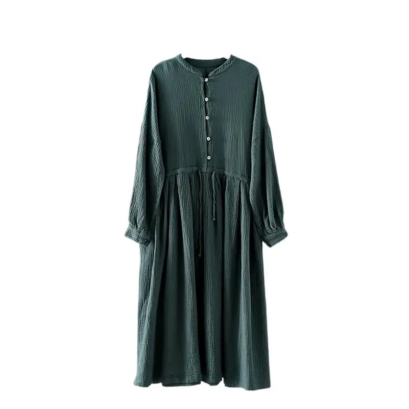 Loose Comfortable Female Autumn Dress High Street Cotton Long Dress Women Long Sleeve Retro Robe Dress Casual Solid Vestidos