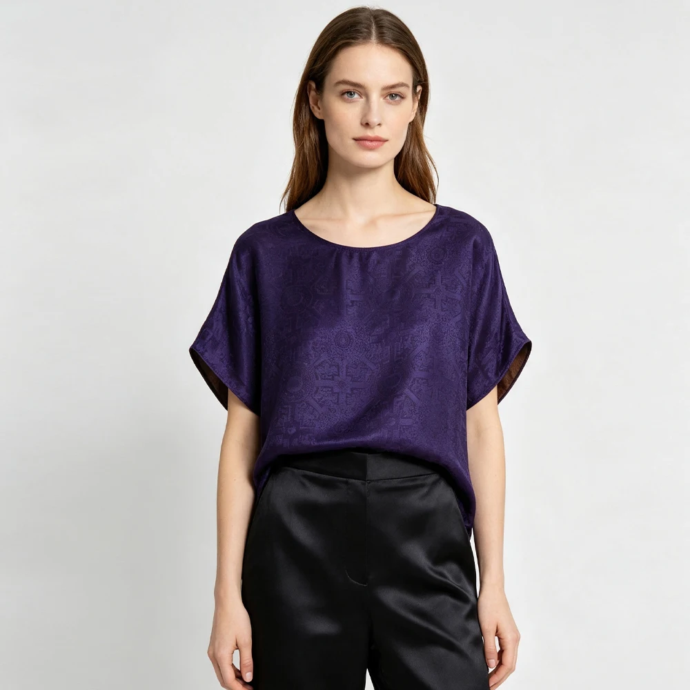 Plus Size Women's Casual Summer New 100% Natural Mulberry Silk SangBo Satin Simple Round Neck Short Sleeved T-shirt view 2
