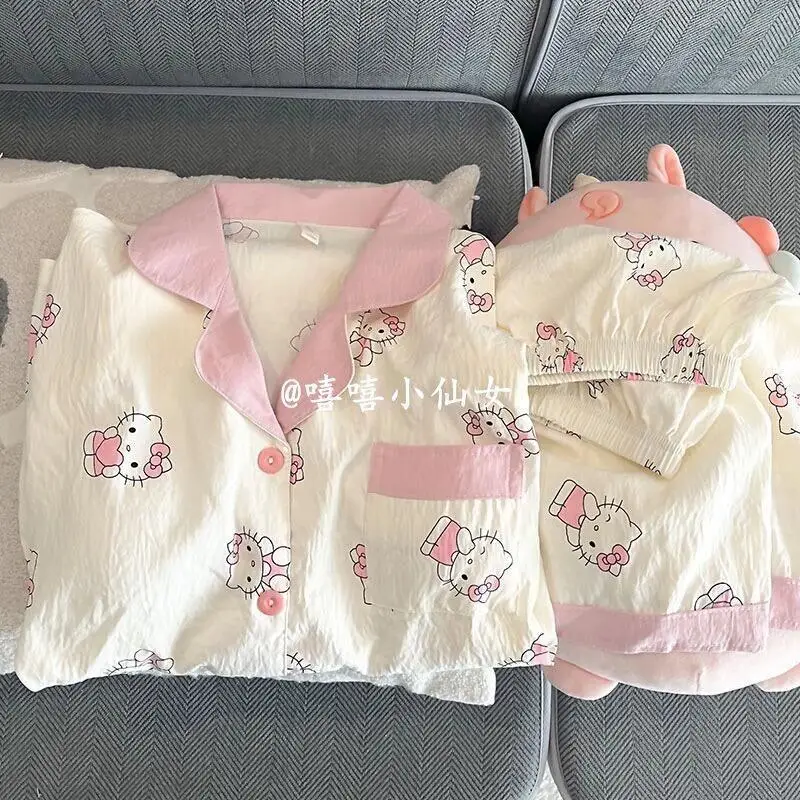 

Sanrio Hello Kitty women's Pajamas Set Sleepwear Summer Short Sleeve Cardigan Cotton For Women Home Loungewear Sweet Cute