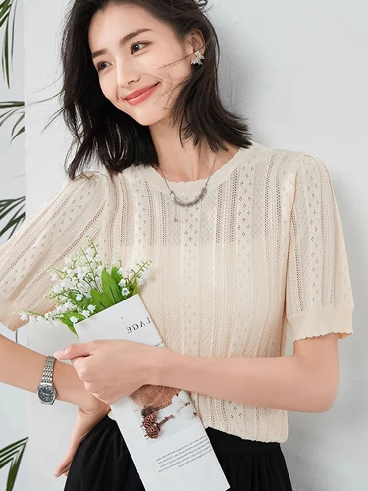 

Вязаный ледяной шелк с вырезами, круглый дизайн Ne Loose Fit ort Sve Thin Pure Color Summer New Sle Women's Faion Sun Pro...