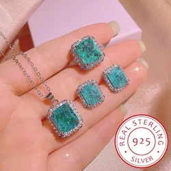 Trend Araiba Emerald S925 Silver Diamond Set Of Three Pendant Chain Necklace Earring Ring For Women Wedding Gift  Party Jewelry