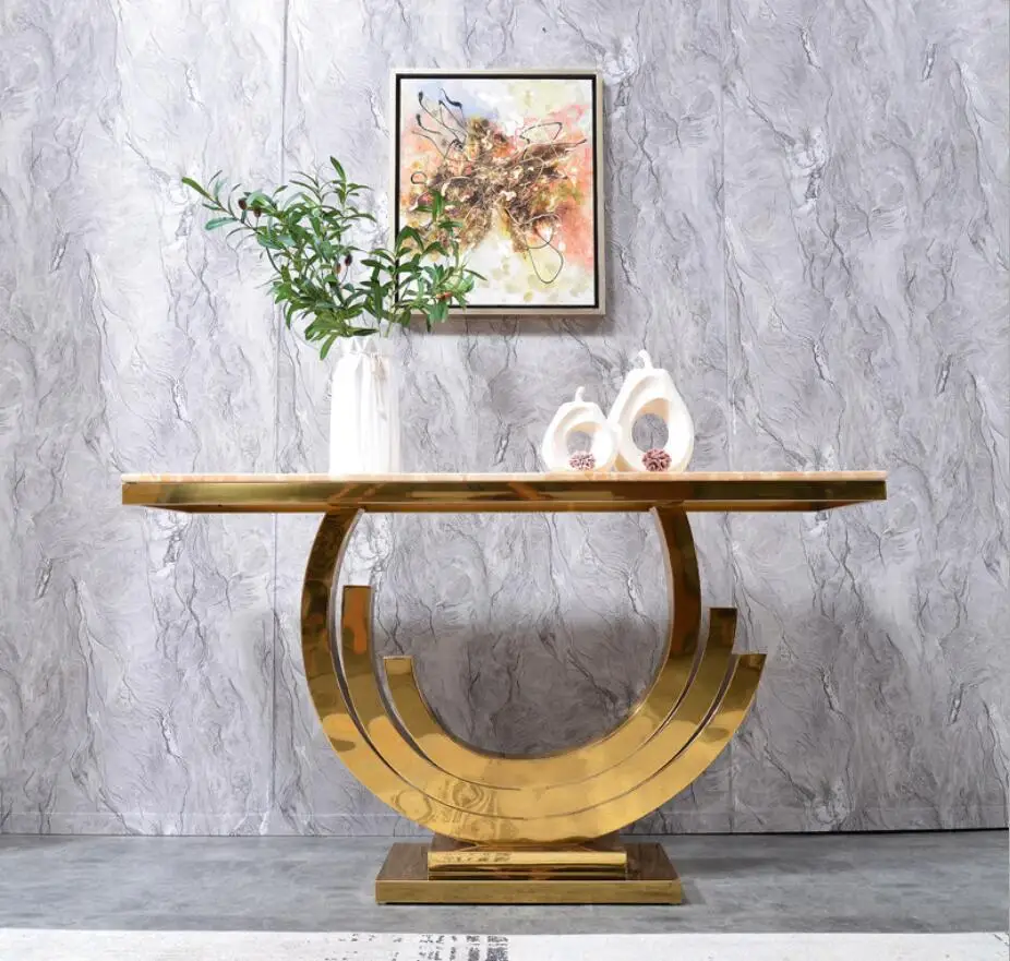 Luxury Modern Chromed Gold Stainless Steel Artificial Marble Entrance Table Console Console Table for Living Room