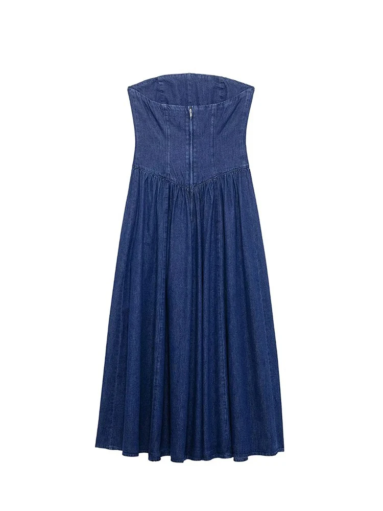 Moda Donna Sexy Dimagrante Guaina Corsetto Abito Denim Vintage Street Style Semplice Blu Scuro Indietro Zip Abito Lungo 2025 Primavera ed Estate Europa e Stati Uniti nuovi abiti da festa casual