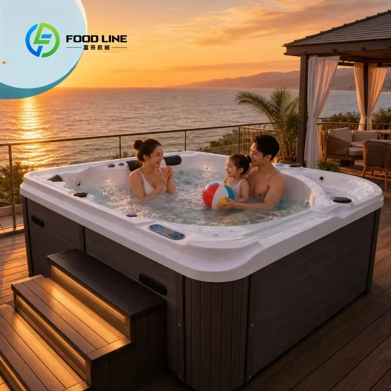 Large 7-Seater Outdoor Whirlpool Spa Tub, Custom Luxury Freestanding Acrylic Hot Tub with 119 Hydro Jets & Waterfall System