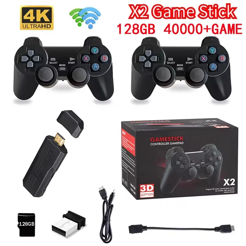 

X2 Game Stick HD Enjoy Arcade Game Box 128 ГБ 40000 игр Две беспроводные геймпады Wi-Fi 4G-симулятор для FC SFC 3D HD 4K Game PK M8