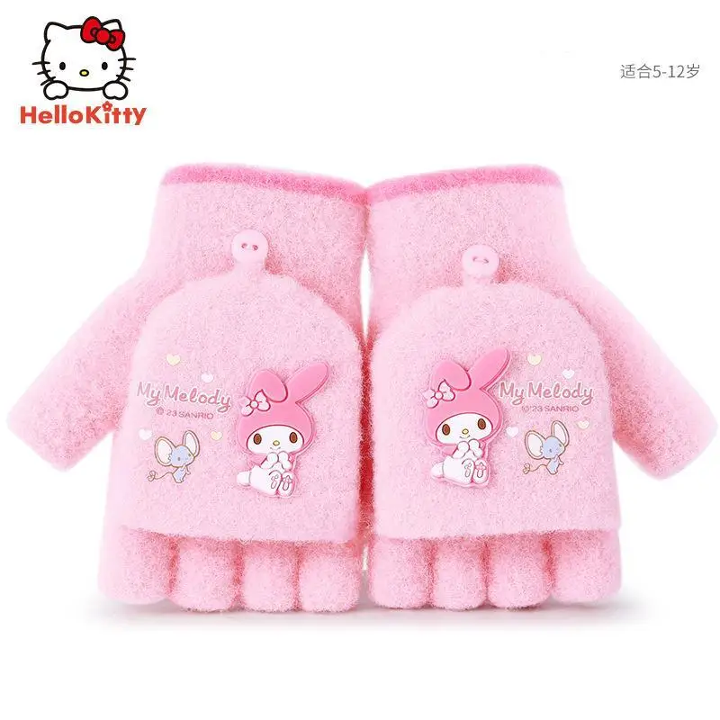 Sanrios My Melody hellokittys Kuromi Pochacco Gloves Thickened Plush Lovely Exposed Fingers Half Winter Mittens Warm Girls Gift