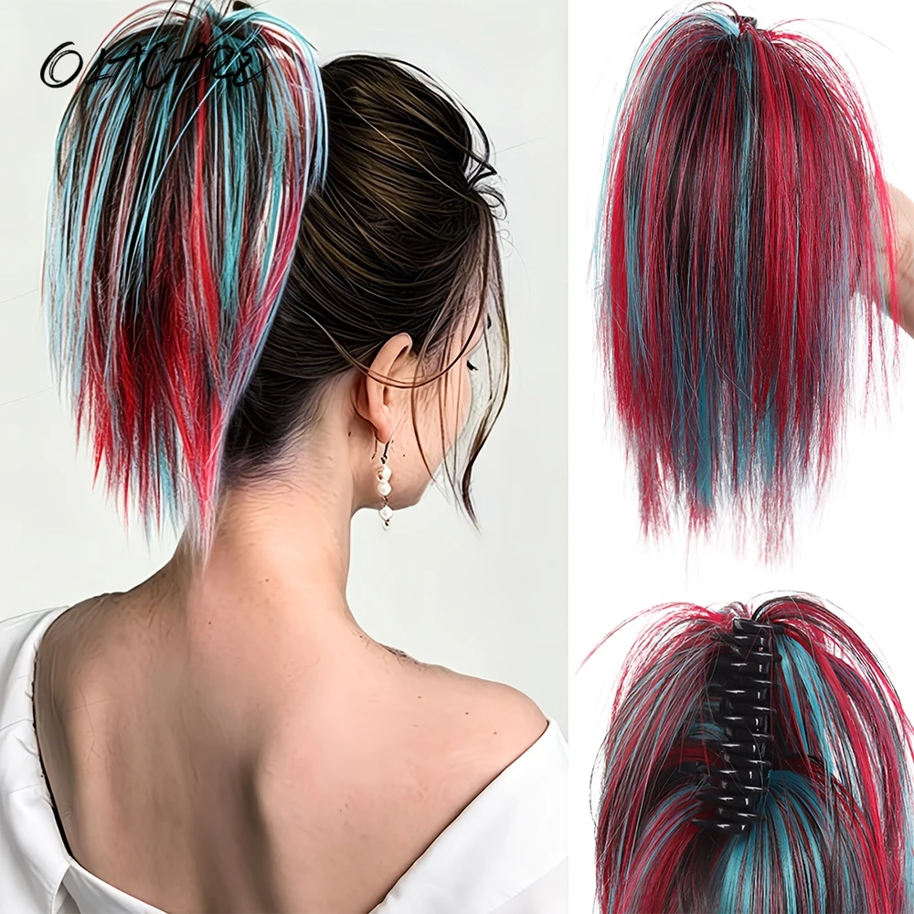 OLACARE Synthetic Ponytail Fiber High Easy Clip-On Ponytail with Claw Clip Vibrant Red Blue Ombre for Instant Volume Edgy Style