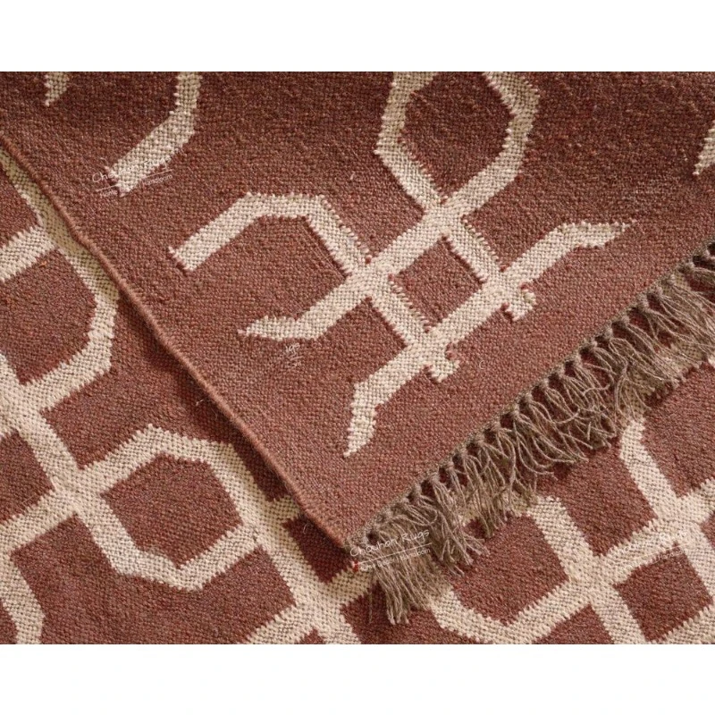 Bohemian Vintage Large Area Rug Brown Rug with White Pattern Wool Jute Rug