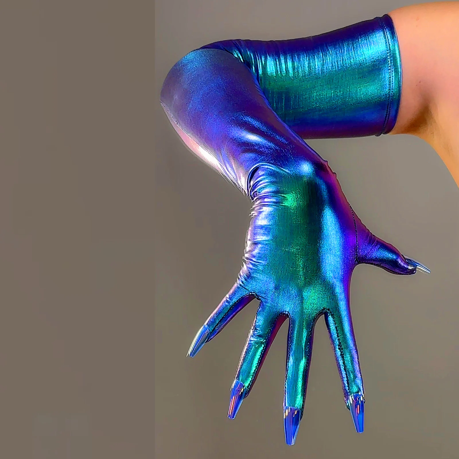 Pink Long Nails GLOVES 70CM Super Long Shiny Liquid Metallic Thin Elastic Evening Party Halloween Costumes Dressing Glove