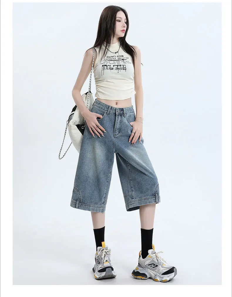Délavé pour fabriquer des vieux shorts en jean à jambe droite, nouveau jean d'été taille haute ample américain décontracté mi-long pour femmes, Streetwear