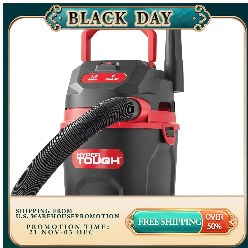 1.5 Gallon 2 Peak HP Poly Wet/Dry Vacuum, New, 10-foot Cleaning Reach with Hose and Cord, Reusable Cloth Filter, Foam Wet Filter