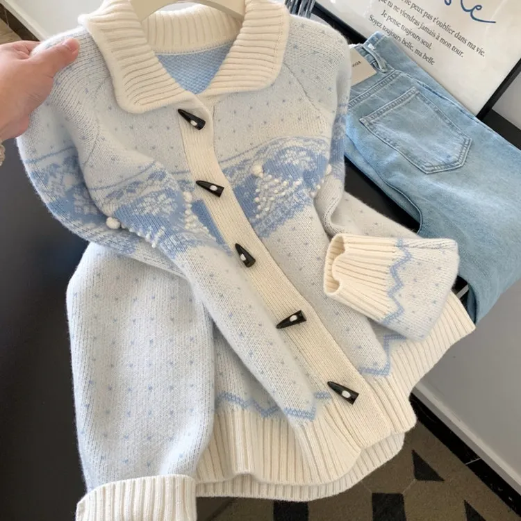 

Korean Style Fair Isle Knitted Cardigan Women's Sweet Slimming Versatile Sweater Coat Top Long Sleeve Regular Length