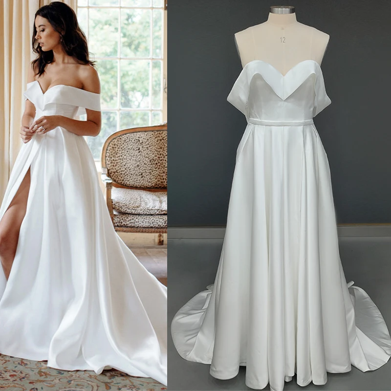 Weg von Der Schulter Satin Frontseiten-schlitz Hochzeit Brautjungfer Kleider Strand Außen Zipper Sexy 2021 Nach Maß Brautkleid Plus Größen