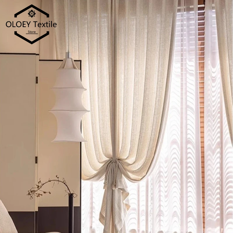 

Thickened Cotton Linen Woven Curtains for Living Room Bedroom Natural Linen French Window Balcony Custom Window Sheer Treatment