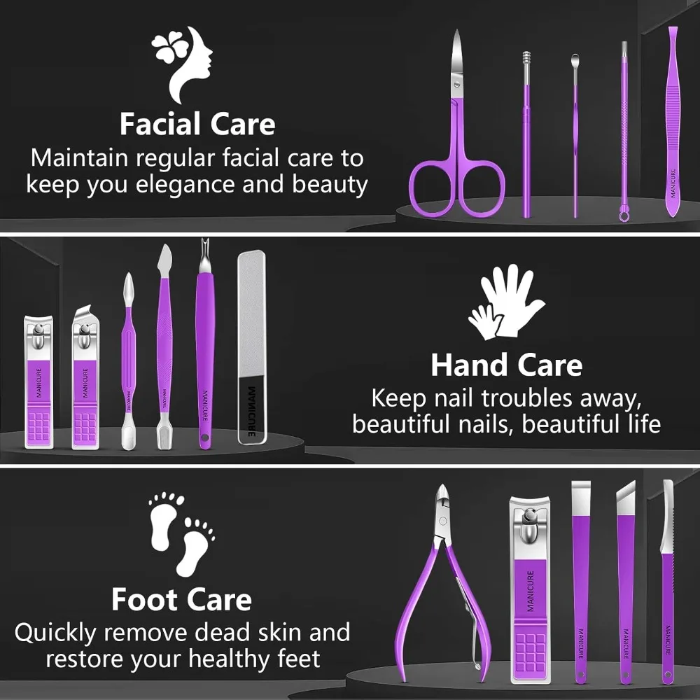 16Pcs Stainless Steel Manicure Set with Travel Bag, Nail Clippers & Scissors, Purple