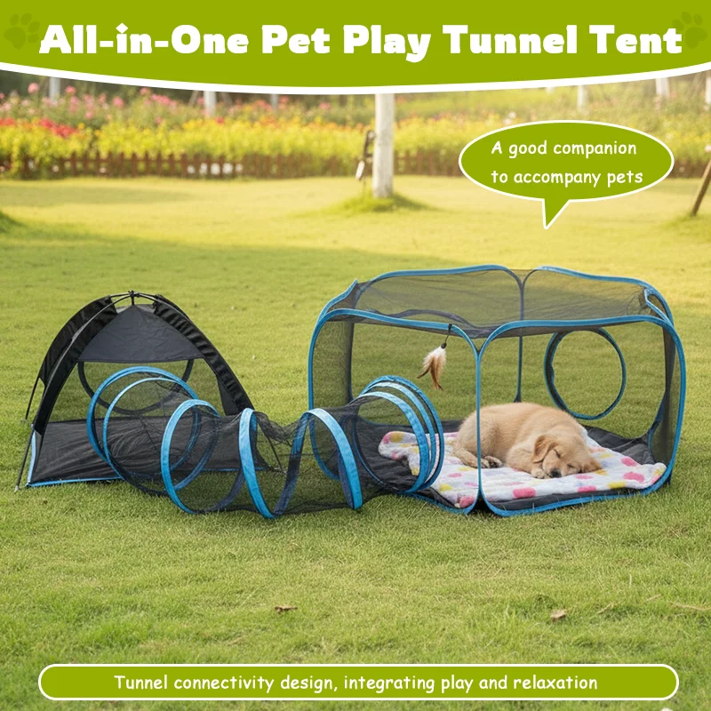 

Portable Outdoor Cat Enclosure Tunnel-Style Mesh Playhouse with Carry Bag Indoor Patio Use Metal Frame