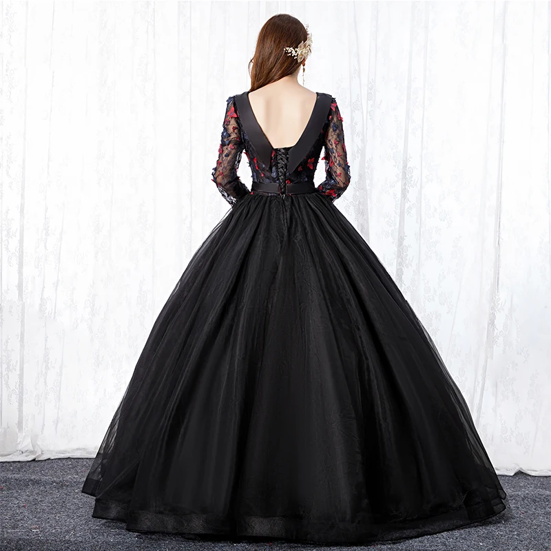 Vestidos De Quinceañera De manga larga De ilusión, vestido De baile De encaje con flores y cuello redondo, clásico, negro, largo hasta el suelo, 15 con cinturón