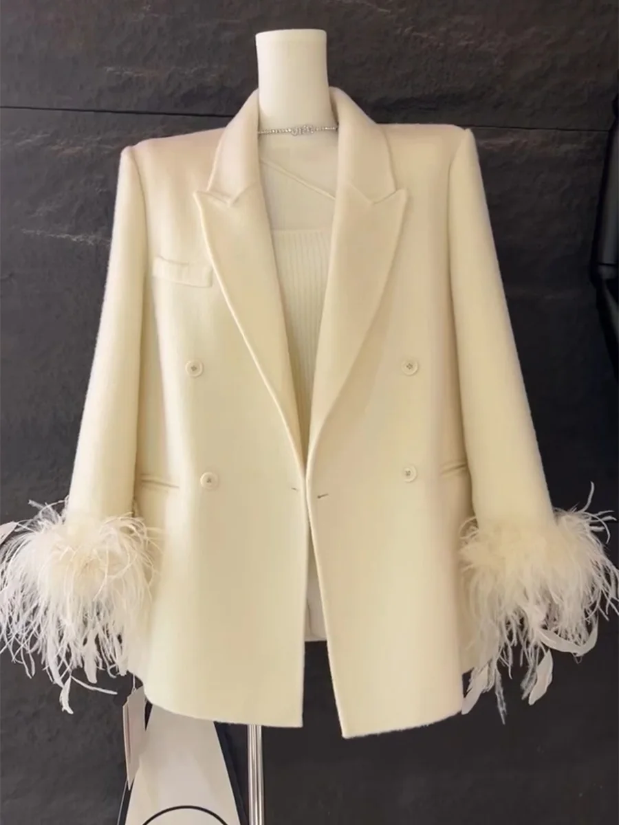 High-end Struisvogelhaar Splicing Wollen Blazers Dames 2025, Lente Herfst Nieuwe Temperament Tops Vrouwelijke Lange Mouw Colberts