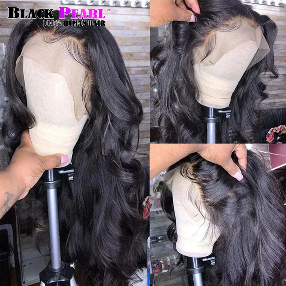 

32 Inches Middle Part T-Lace Black Pearl Wig HD Lace Front Body Wave Human Hair Long Natural Black Glueless Wavy Lace Wig for W