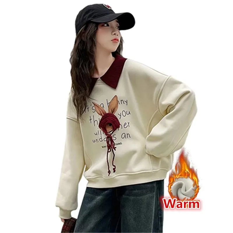 

Winter Child Fleece-Lined Sweatshirt Clothes for Girl Warm Thick Thermal Outerwear With Rabbit Kids Teenagers High Street Wear
