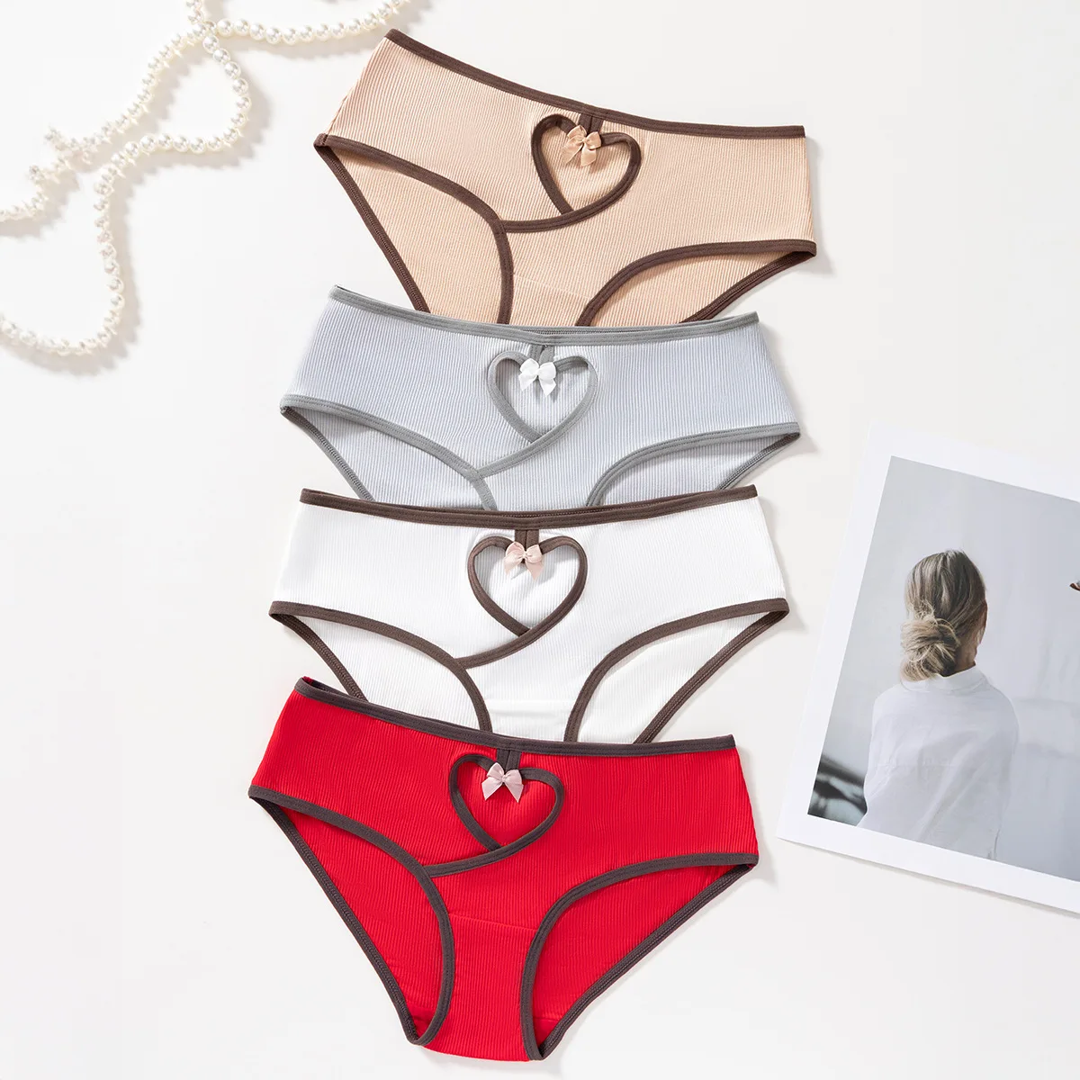 Personalized Hollowed-Out Love Threaded Women's Underwear Low Waist Bowknot Match Color Hottie Sexy Comfortable Briefs