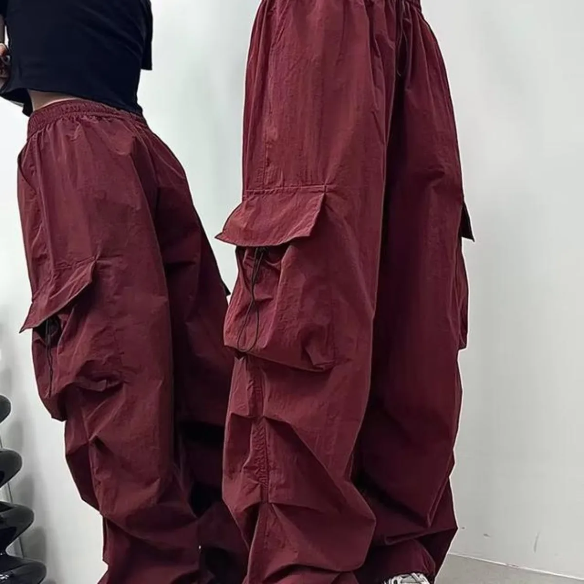 Girls' Harajuku Streetwear Fashion Straight-leg Pants Black Cool Multi-pocket High Waist Versatile Drape Loose Wide-leg Trousers