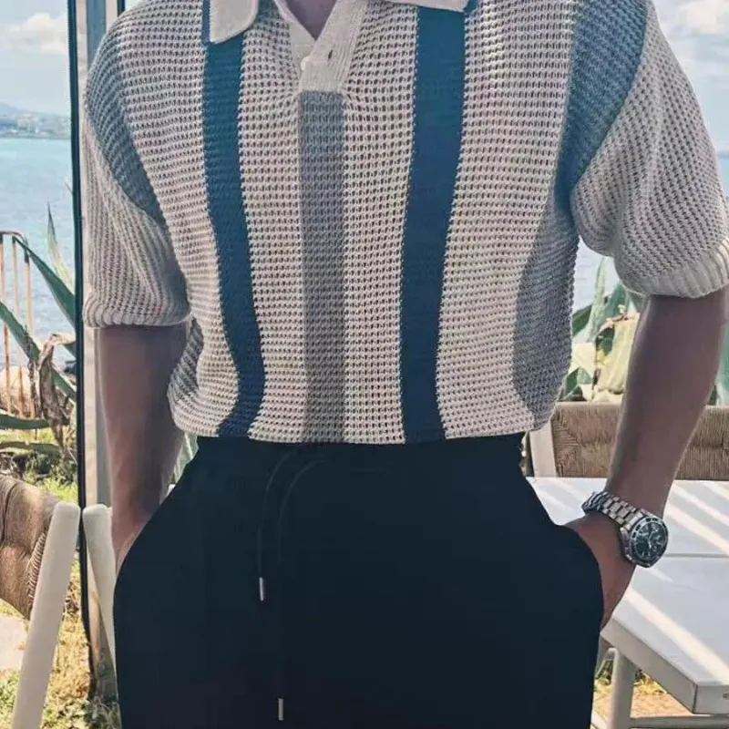 Fashionable Hollow Knitted Polo Shirt for Men Contrast Striped Short-sleeved Pullover Mesh See-through Button Patchwork Sweater view 5