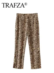 TRAFZA Leopard Print Pant For Women Vintage Casual Straight Pants Side Zipper Fly Trousers 2024 Female Fashion Streetwear Pant