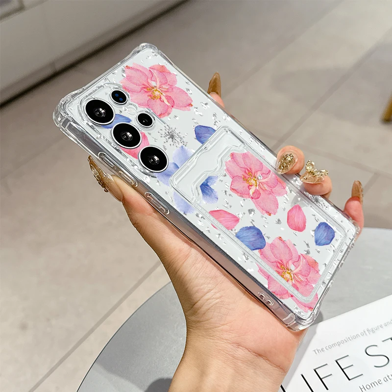 Pink floral collage for Samsung Galaxy S25 Ultra S20 FE S21 S22+ S23 Plus S24 S26Edge softshell Transparent card pack phone case