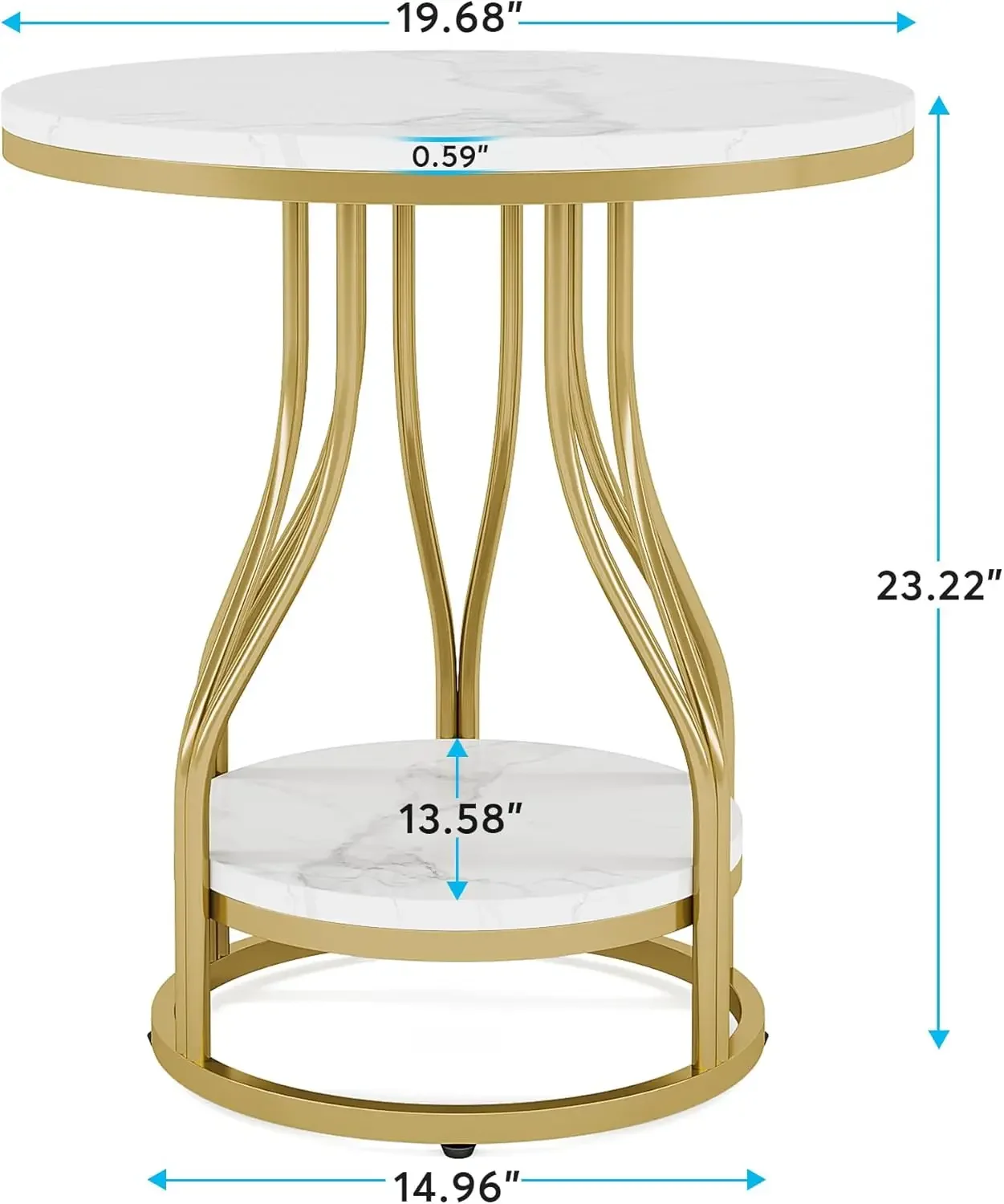 Round Side Table White Gold End Table 2-Tier Modern Bedside Table with Storage for Couch Side, Metal Frame for Living Room (1)