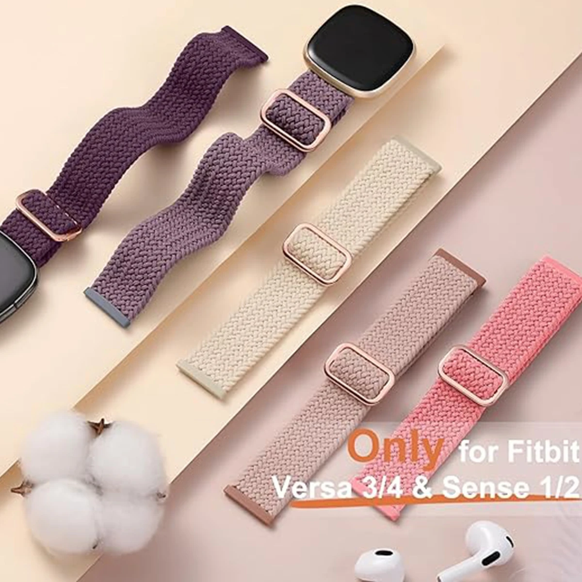 Braided Stretchy Band Compatible for Fitbit Sense/Fitbit Versa 3/ Versa 4/ Sense 2 Bands Women Men Soft Elastic Strap Bracelet