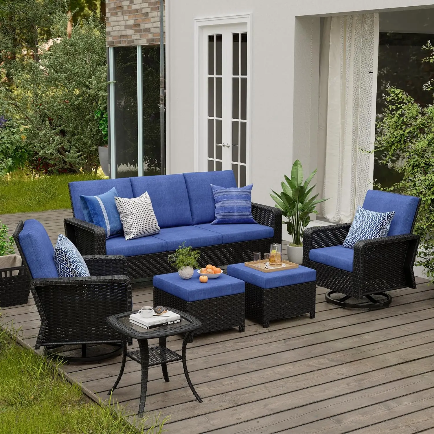 

6-Piece Patio Furniture Set with Outdoor Swivel Rocker Chairs,PE Rattan 3-Seat Sofa Couch,Ottomans and Side Table,Blue Cushions