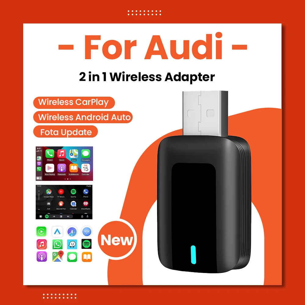 CarPlay Android Auto Wireless Adapter Plug And Play Bluetooth WiFi Fast For Audi A3 A4 Q2 R8 Q5 e‑tron Q8 TT e‑tron GT A8 A1