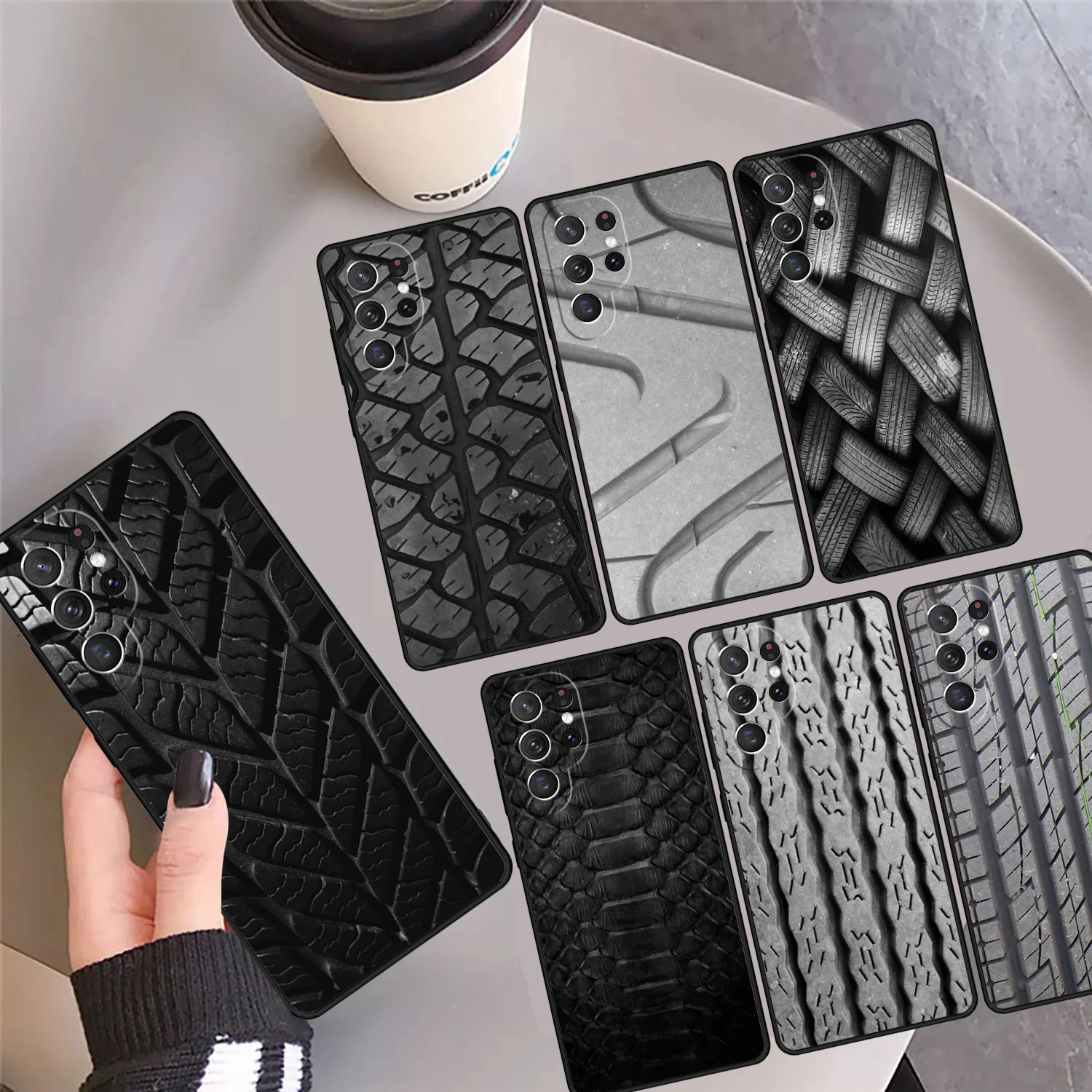 Black Tire Tyre Tread Texture Phone Case Cover For Samsung Galaxy S24 Ultra 23 S22 Plus S21 FE S20 S8 S9 S10 Note 10 Pro Note 20