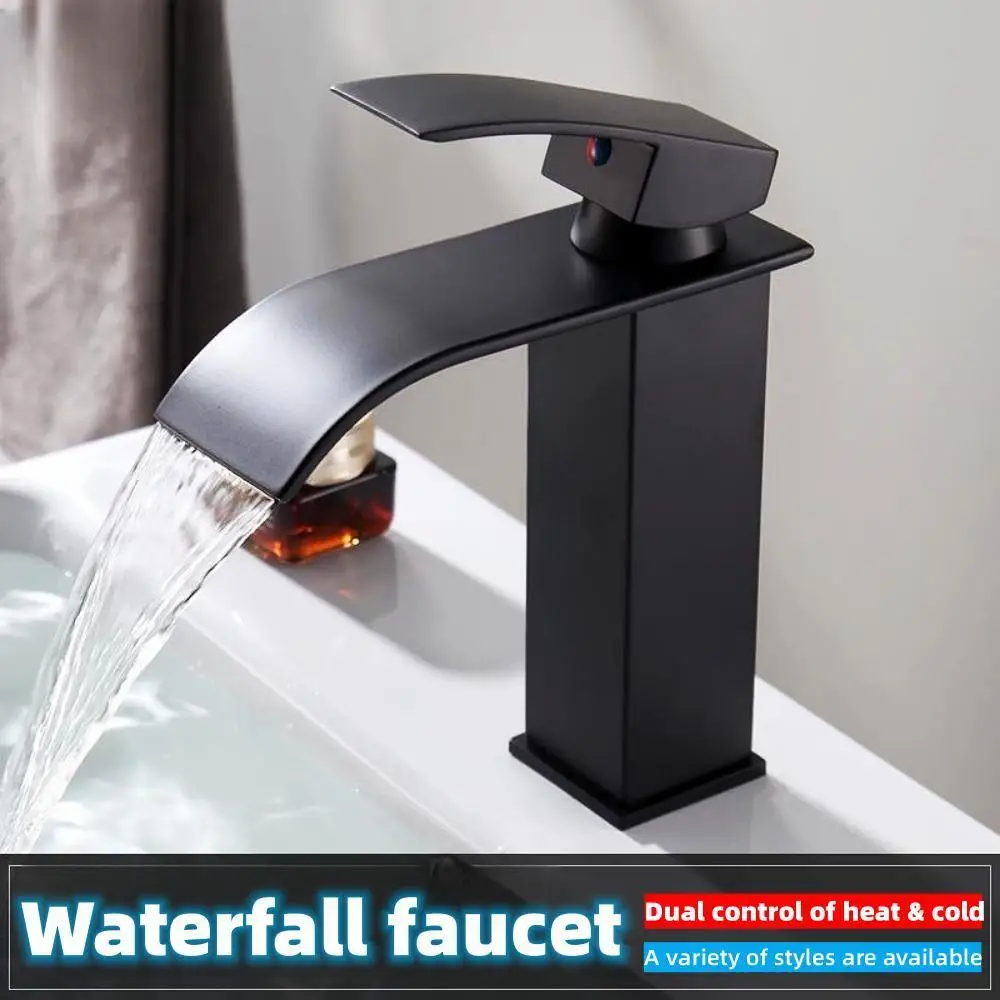 

Waterfall Household Stainless Steel Faucet Ceramic Core Toilet Basin Waterfall Flat Mouth Water Faucet Sink Cold And Hot Faucet