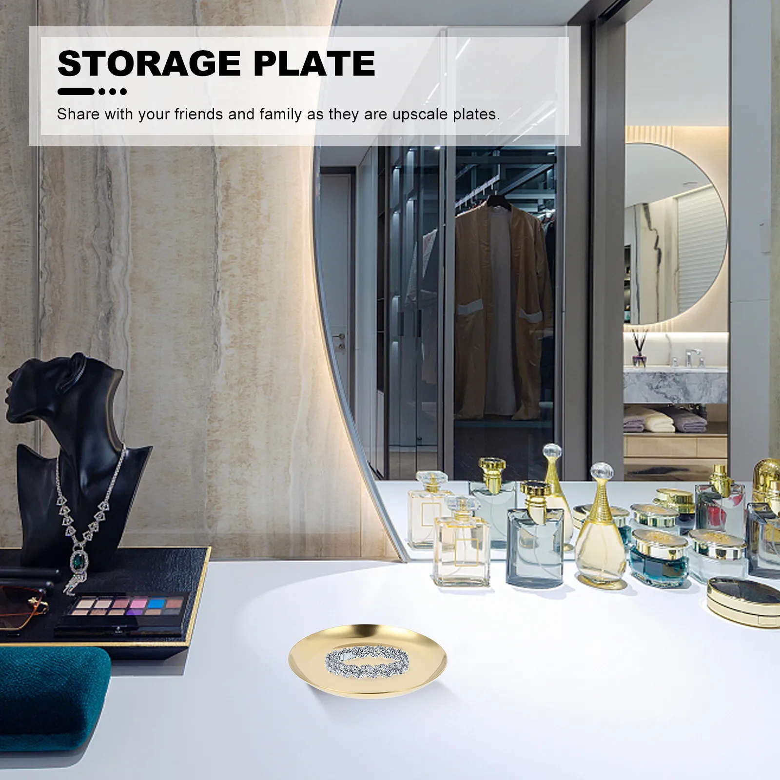 

1Set Rustproof Stainless Steel Jewelry Storage Trays Golden Soap Holder Mirror Plate Multipurpose Home Decoration Display Plates