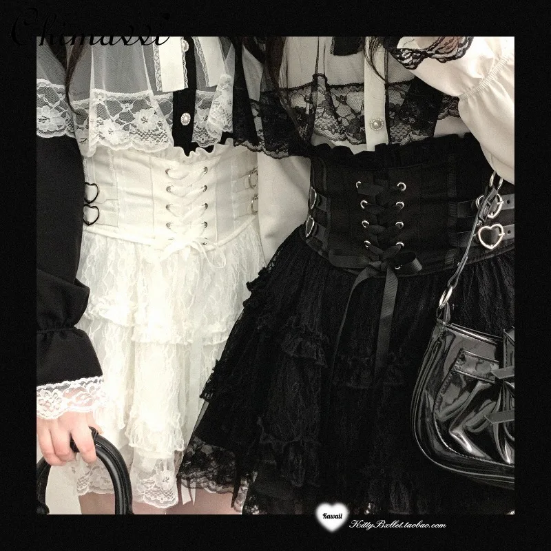 Original 2025 novo estilo japonês renda guarnição gravata couro saia de cintura alta série mina doce menina senhora temperamento princesa saia